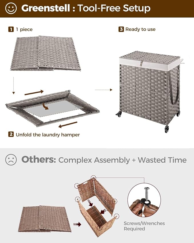 Greenstell Laundry Hamper with Wheels, No Install Needed, 110L Divided Handwoven Hampers & 2 Removable Liner Bags, Rattan Clothes Laundry Basket with Lid & Handles, Foldable Hampers Gray 22x13x26.4 In