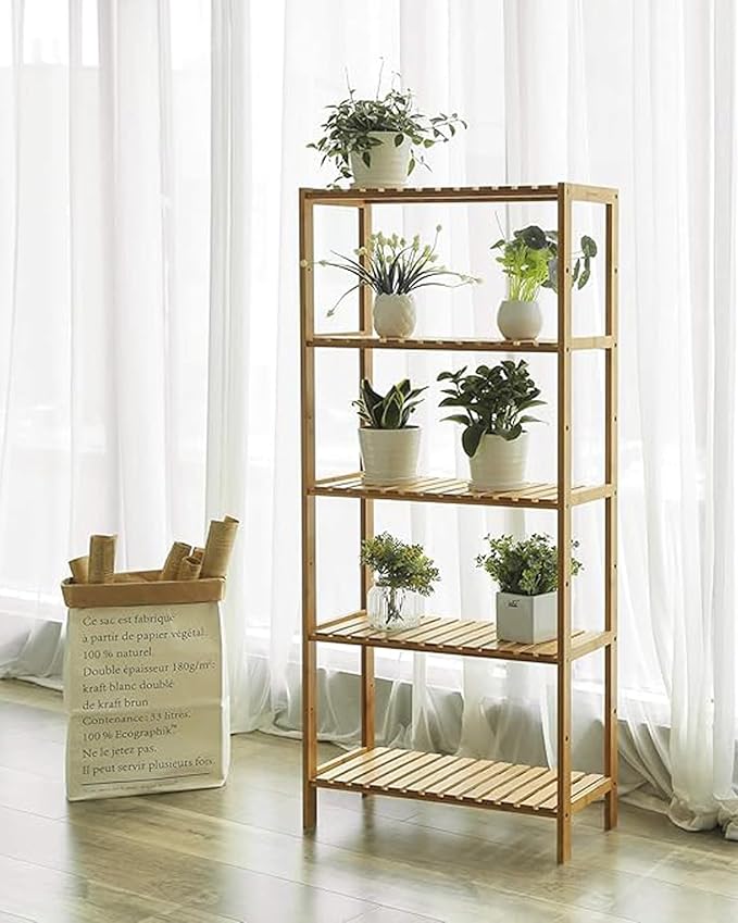 SONGMICS Bamboo Storage Shelf, 5-Tier Shelving Unit, Multifunctional, in The Entryway, Bathroom, Living Room, Balcony, Kitchen, 10.2 x 23.6 x 51.2 Inches, Light Bamboo UBCB35Y