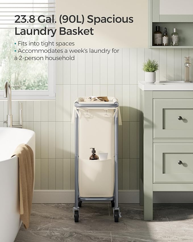 SONGMICS Laundry Basket with Wheels, Rolling Laundry Hamper, 23.8 Gallons (90 L), Removable Liner, Steel Frame with Handle, 24 x 11.4 x 31.9 Inches, Cream White URLS003W01