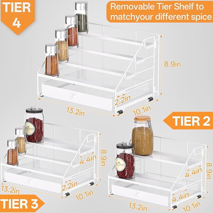 Spice Rack Organizer for Cabinet: 4 Tier Spice Organization with Drawer, Depth Adjustable Metal Shelf for Kitchen Countertop, Cupboard, Pantry, Holds Seasoning and Condiments (White)