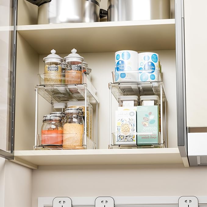 Yieach 4 Pack Under Sink Organizers and Storage,Clear Acrylic Bathroom Organizer and Cabinet Organization for Makeup,Medicine,Two Tier Pull Out Cabinet Organizer Drawers for Pantry,Vanity Storage Bins
