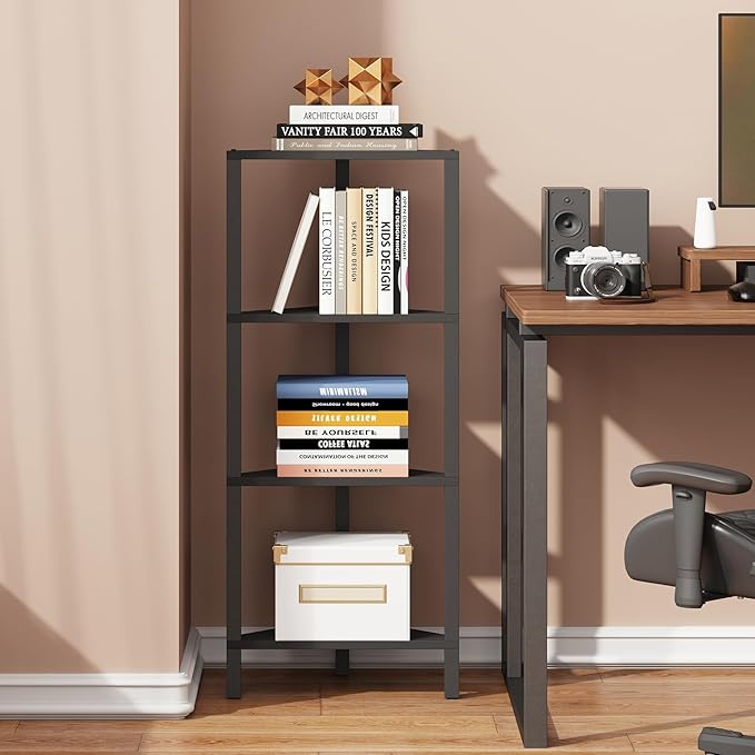 TUTOTAK Corner Shelf, 4-Tier Corner Bookshelf for Small Space, Narrow Display Corner Shelf Stand with Storage Rack, for Living Room, Bedroom, Black BS05BK004