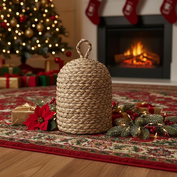 PEMAR Natural Wicker Door Stopper with Handle, Decorative Door Stop, Heavy Indoor Doorstop, Rustic Farmhouse Blocker Jammer 5.1''D x 7.5''H (Seagrass)