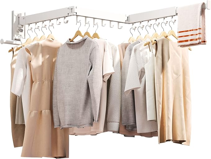 ZdwCyl Clothes Drying Rack,Laundry Drying Rack Wall Mount, Wall Mounted Clothes Rack,Retractable,Collapsible(Tri-Fold),Drying Rack Clothing,can Fold Upward & Left & Right,Space Saver, White Color