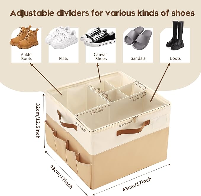 Varhomax Shoe Organizer Box 2 Pack for Closet, Fabric Shoe Storage Bin with Adjustable Dividers & Clear Cover, Holds up 16-32 Pairs of Sneakers & Sandals for Entryway, Cubby