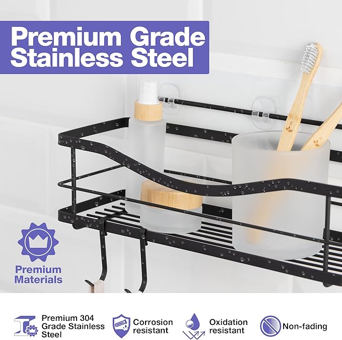 KINCMAX Premium Shower Caddy - Self Adhesive Shower Shelf with 4 Hooks - No Drill Large Capacity Stainless Steel Rack - Aesthetic Organizer for Bathroom Wall Decor - Matte Black