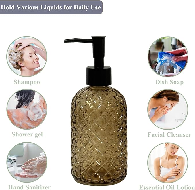 Brown Glass Dish Soap Dispenser for Kitchen, 13.5oz Refillable Liquid Hand Soap Dispenser Set, Crystal Lotion Bottle for Modern Home Decor, Bathroom Countertop, Hotel