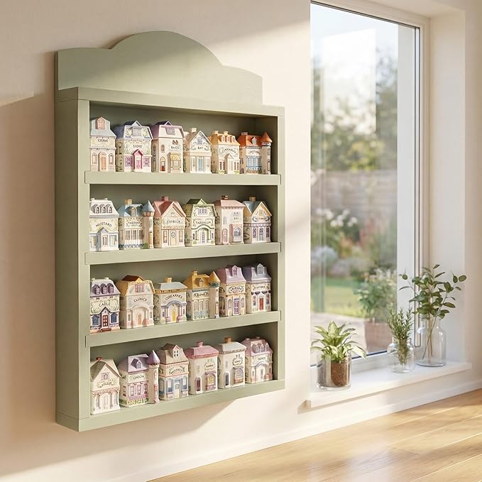 Chunful Vintage Spice Village Wooden Rack 22 x 17 x 4 Inches Green Display Rack with 4 Shelves for Wall Mounting Kitchen Storage Spice Village Display Shelf for 24 Jars, Shelf Only