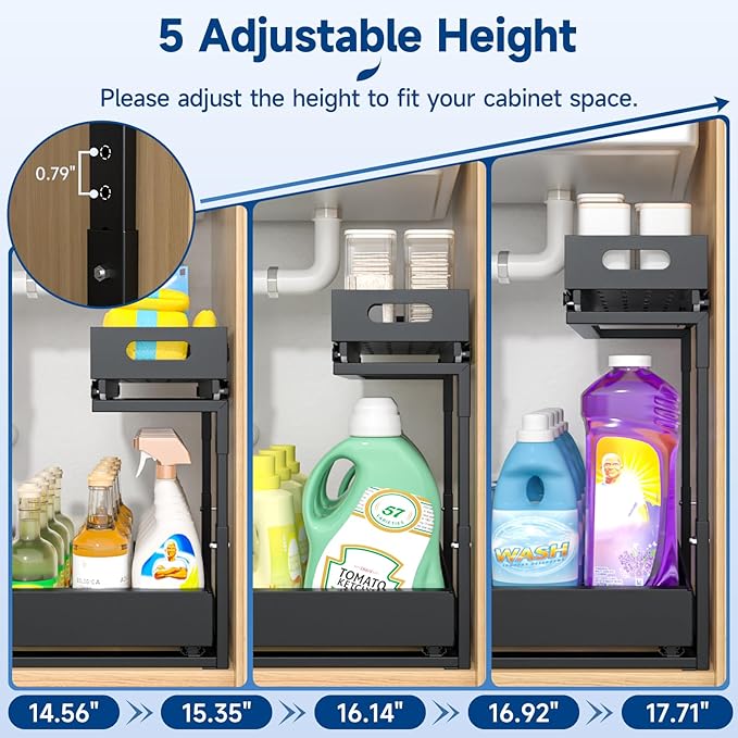 Insputer Upgrade 2 Tier Under Sink Organizer with 3 Slide Rails, Under Cabinet Storage Expandable 15"-25" W & Height Adjustable, Thickened Pull Out Shelf for Bathroom, Kitchen, Laundry, Pantry(Black)