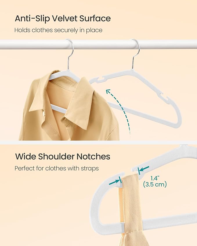 SONGMICS Kids Hangers 50 Pack, 14 x 8 Inches, Non-Slip Velvet Baby Hangers for Closet, Space-Saving, Wide Shoulder Notches, Cloud White UCRF038W01