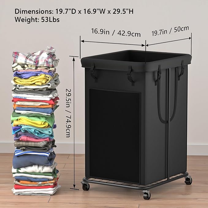 Laundry Basket 155L, Oxford Fabric Laundry Hampers, Metal Frame and Removable Bag Design with Wheels, Suitable for Bedroom, Bathroom, Dorm Room, Laundry Room (Pure Black)