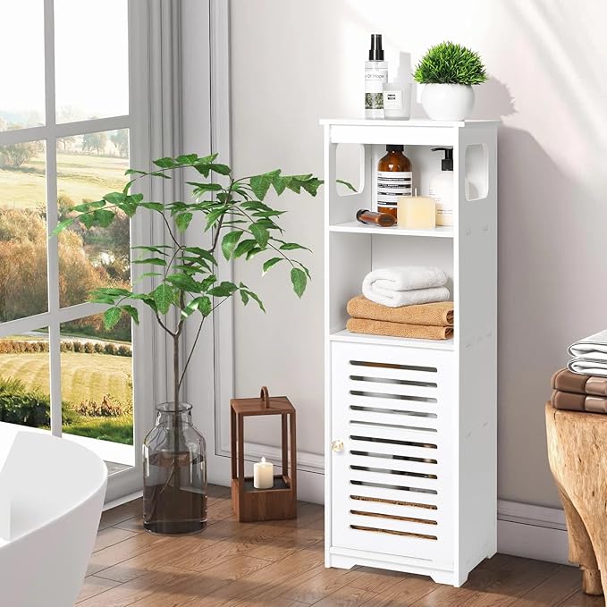 Small Bathroom Storage Cabinet, White Floor Standing Storage Cabinet Home Furniture Shelf,Suitable for Toilet Bedroom Kitchen Living Room