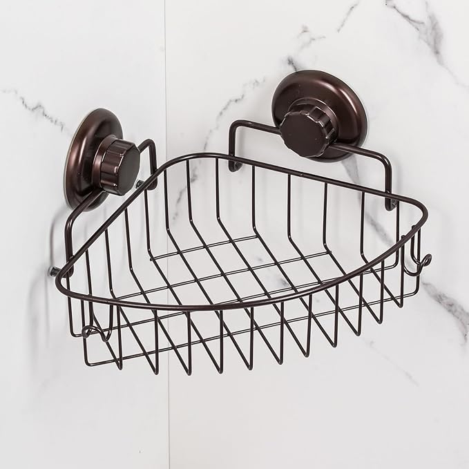 Suction Cup Corner Shower Caddy - 304 Stainless Steel Shower Shelf - Adhesive 3M Stick Discs Included - Bathroom Caddy with Hooks - No Drilling Bathtub Storage Organizer (Bronze)