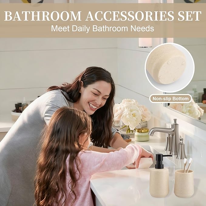 Bathroom Accessories Set, 2 Piece Resin Bathroom Accessory Set with Soap Dispenser and Toothbrush Holder for Modern Bathroom Decor (Beige)
