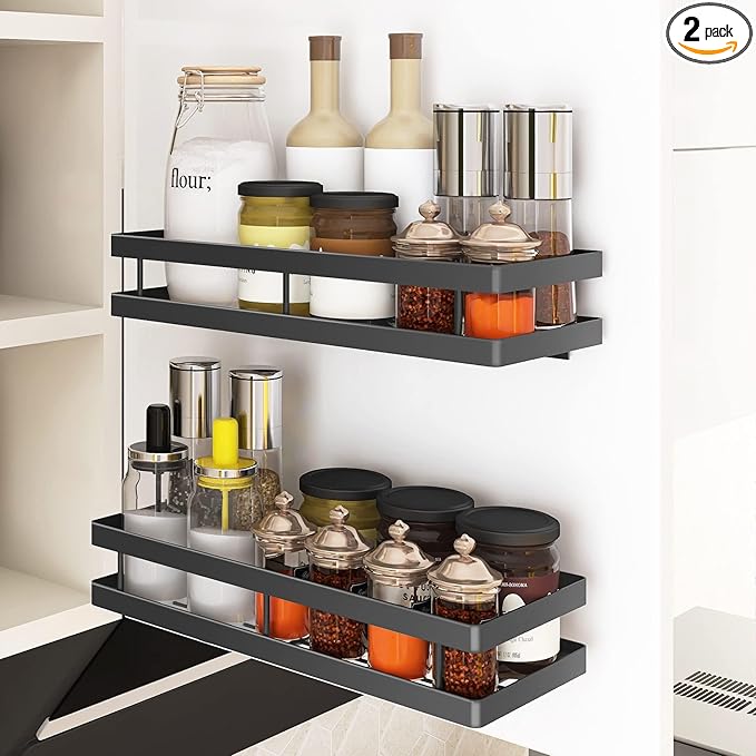 Spice Rack Organizer Wall Mount, 14" Hanging Black Spice Organizer Shelf, 2 Pack Farmhouse Seasoning Organizer, Spice Shelves Holder for Kitchen, Flexible Bathroom Organizer