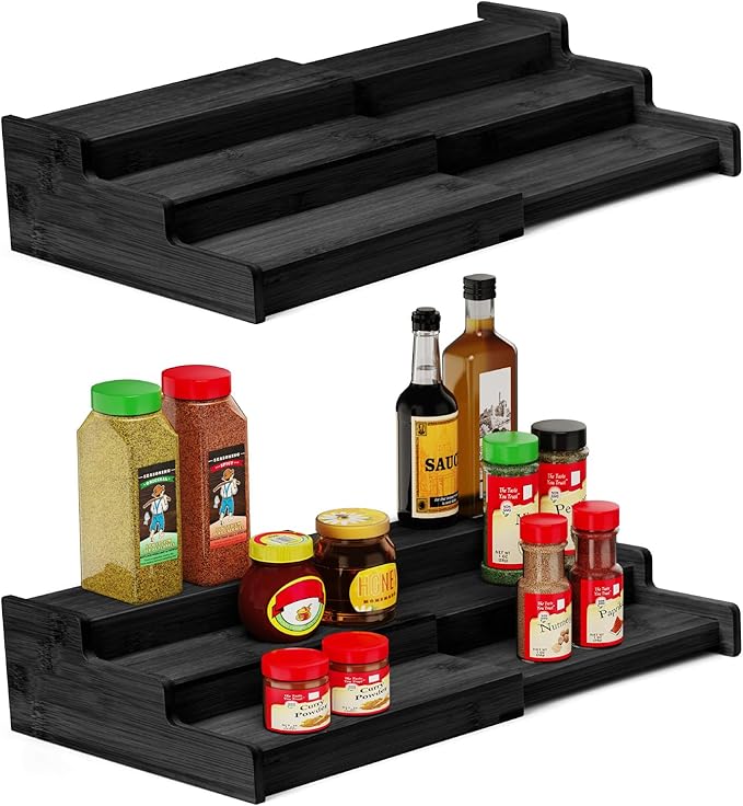 Spice Rack, 3-Tier Expandable Bamboo Spice Rack Organizer for Cabinet, Kitchen, Pantry and Cupboard Storage Organizer-Black(2pack)