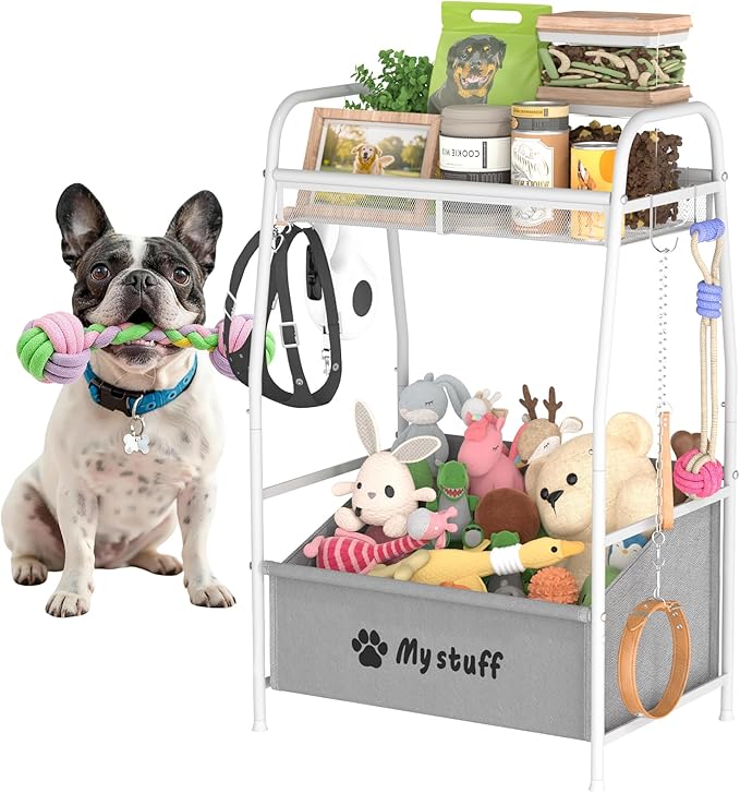 Medium Dog Toy basket, Toy Box for Dogs, Pet Toys Bin Dog Metal Wire Basket for Toys, Food Storage, Storage Organizer Chest Storage, Toy Box for Living Room Area (White)