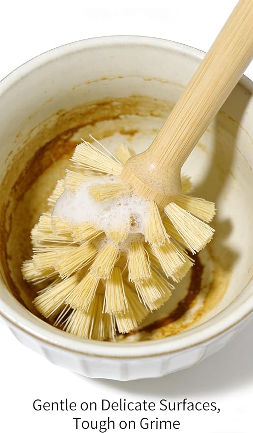 Bamboo Dish Brush Set with Handle - Kitchen Cleaning Brushes: Bottle Brush, Straw Cleaner & Vegetable Brush. Dish Scrub for Dishes, Sink, Pots, Pans, Cast Iron – Kitchen Scrub Brushes