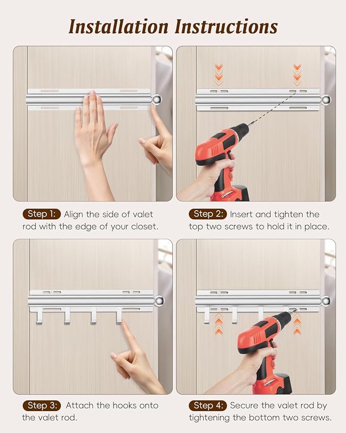 Valet Rod for Closets, 12" Valet Rod With 4 Hooks, Closet Organizer Slide Out Clothing Hanger Rods Extender Perfect for Suits,Dresses,Belt,Tie, Black