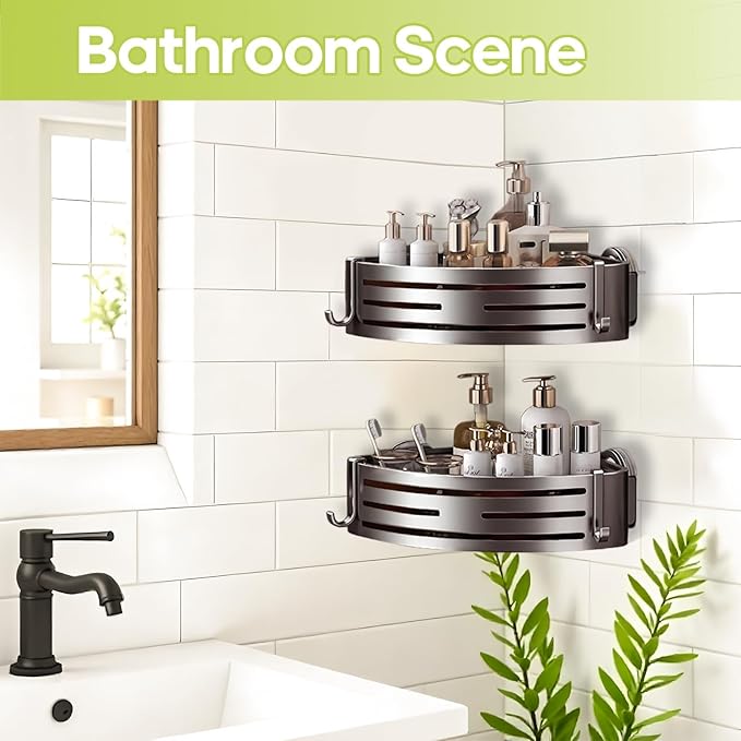 Corner Shower Caddy Suction Cup,Shower Shelves with Hooks,No Drilling Powerful Suction Bathroom Organizers and Storage,Removable Waterproof Rustproof Shower Bathroom Accessories Decor(Grey 1Pack)