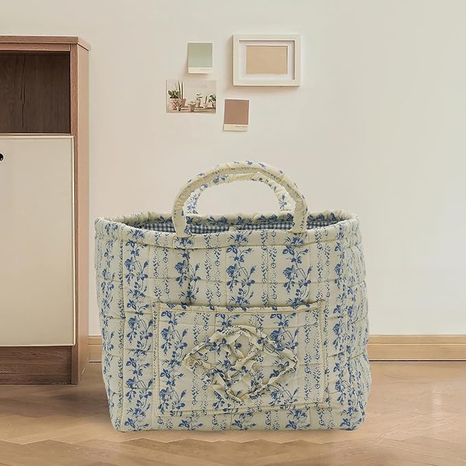 Quilted Fabric Storage Basket with Handles & Pocket, Foldable Laundry Hamper Boho Floral Print Organizer Bin for Home, Picnic, Office 12"x10"x10" (B-5)