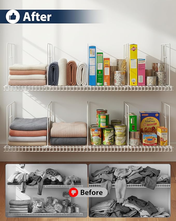 4 Pack Wire Shelf Dividers for Closet, Solid Coated Metal Closet Dividers for Closet Organization, Easy Install Closet Shelf Divider for 12'' Tall x 12'' Deep Wire Shelves and Storage, White