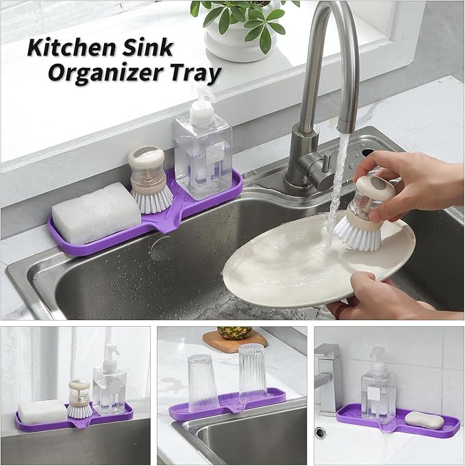 MicoYang Silicone Bathroom Soap Dishes with Drain Spout-Bathroom and Kitchen Sink Organizer,Sponge Holder,Dish Soap Tray,Perfect for Dispenser,Scrubber,Bottle,Cup on Sink or Counter-Purple 12"×4"