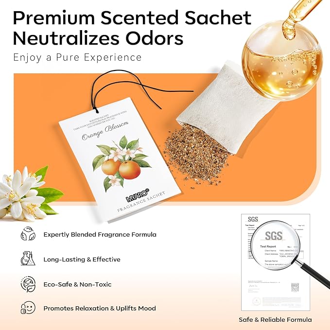 MYARO 12 Packs Orange Blossom Scent Sachets for Closet Home Long Lasting Shoe Odor Deodorizer Bathroom Car Air Frehener