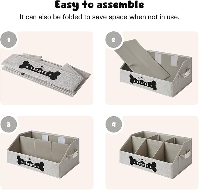 Dog Treat Container, Dogs Storage Organizer with Removable Dividers, Collapsible Dogs Treat Holder for Countertop, Trapezoid Pet Treats Containers, Dog Toy Basket with PU Handles, Medium, Gray