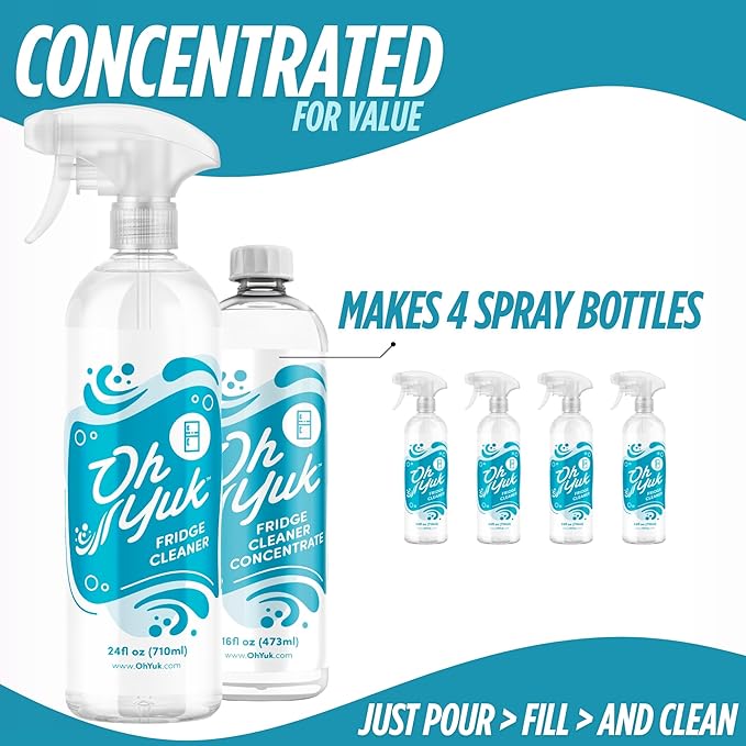 Oh Yuk Fridge Cleaner – Spray + Concentrate Combo | Makes 5 Bottles | Cleans Inside Refrigerator for Spotless, Food-Contact Safe Surfaces | Biodegradable, Vegan | Tackles Sticky Messes & Dried-On Food