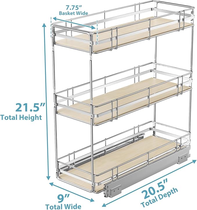 Pull Out Spice Rack Cabinet Organizer 9" W x 20½" D, 3 Tier Heavy Duty Slide Out Wood Shelf for Narrow Cabinet, Pull Out Storage for Kitchen