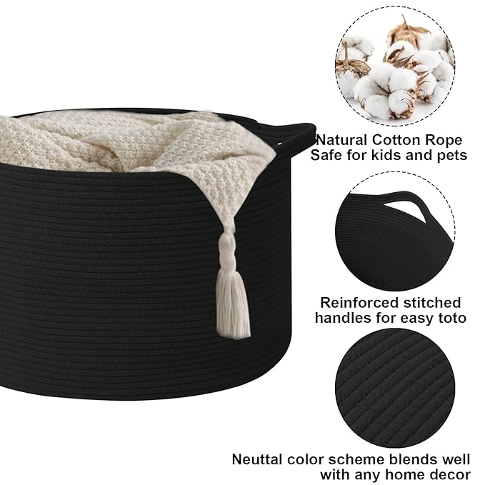 115L Large Blanket Basket,23.6" L x 23.6" W x 15.7" H Rope Woven Baskets with Handles, Toys Storage Bins,Laundry Basket Perfect for Living Room, Nursery,Bedroom,Home Organization,Black