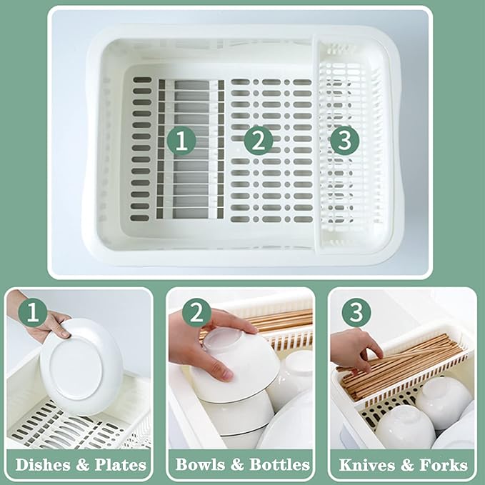 Lyellfe Plastic Dish Drying Rack, Bottle Dryer Holder with Cover Lid and Removable Drainboard, White Utensil and Cup Holder for Kitchen Counter, Dish Dryer Shelf, Medium Size