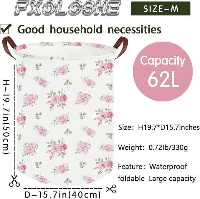 Pink Flower Laundry Basket,Nursery Baskets Girl Baby Storage Bins,Baby Girls Nursery Hamper,Waterproof foldable laundry basket,Gift Baskets,Pink Rose room Decor(Pink Rose)