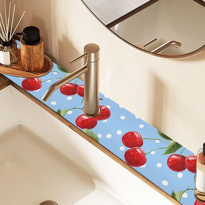 Kitchen Sink Splash Guard 2 PCS 30 Inch Sink Faucet Mat Splash Guard for Bathroom Countertop Water Absorbent Foldable Cuttable Soft Washable Light Blue Dots Red Cherry