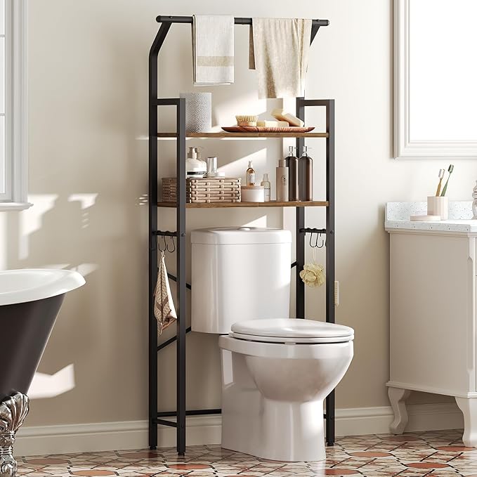2-Tier Over The Toilet Storage, Multifunctional Vertical Over Toilet Bathroom Organizer, Freestanding Bathroom Storage Shelves with Hooks, Bathroom Organizer, Rustic Brown and Black TR01BR