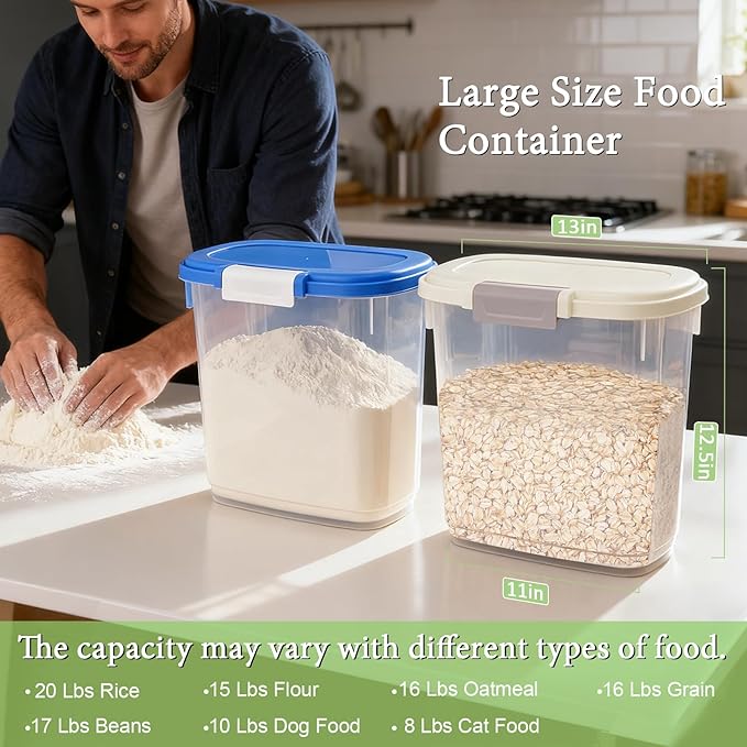 Large Rice Storage Container 15-20 Lbs, Tall Flour Container with Scoop + Cup - Slim Dry Food Storage Bin for Cereal, Sugar, Beans, Pet Dog Cat Food Container - Kitchen and Pantry Storage Organization