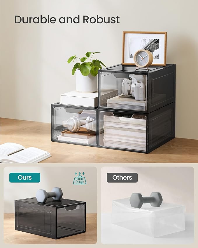 SONGMICS Shoe Boxes, Clear Shoe Organizers, Set of 6, Plastic Shoe Storage with Clear Door, Easy Assembly, up to US Size 13, Transparent Black ULSP406B01
