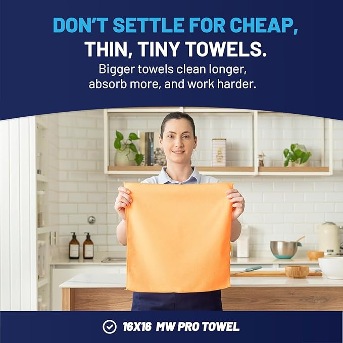 MW PRO Microfiber Cleaning Cloths Orange (12 Pack, 12x12) - Commercial Janitorial Towels & Lint Free Rags - Heavy Duty for Auto Detailing, Glass Windows, Housekeeping & Screens - Washable 300+ Times