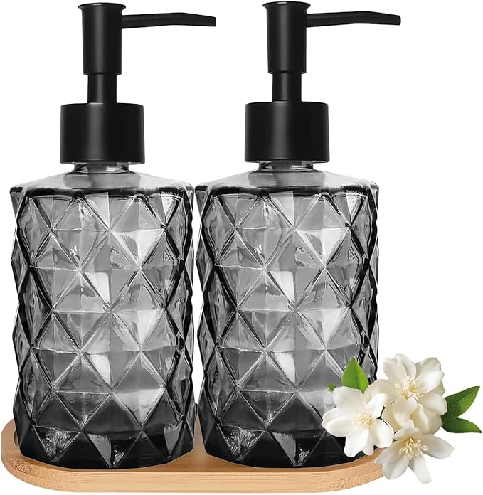 2PCS Black Glass Diamond Soap Dispenser Set, 12 oz, 2 Pack, Reusable, Refillable, Eco-friendly, Clear, Tray & Plastic Pump, Kitchen, Bathroom