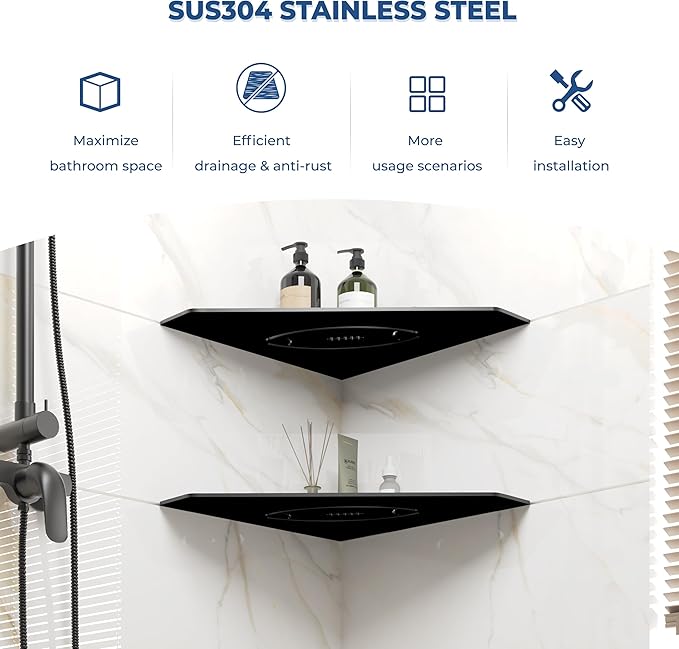 FerdY 2-Pack 10" Matte Black Recessed Corner Shower Shelf, for Tiled Bathroom Walls, Floating Shelf, 304 Stainless Steel Shower Caddy Storage Shelves, No Drilling Required, Rugby Diamond