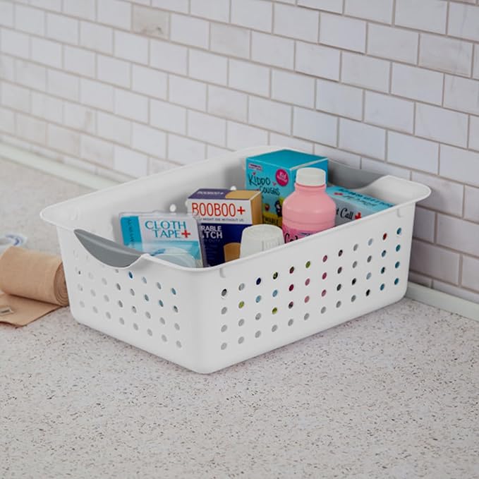 Sterilite 24-Pack Medium Ultra Basket, Open Top Plastic Storage Organizer, White - Classic Baskets for Organizing Countertops, Pantry Shelves, Kitchen Cabinets, Laundry Rooms or Home Offices