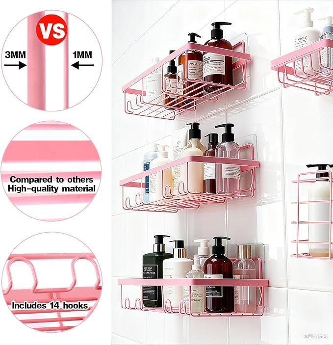 5 Pack Shower Caddy, Pink Stainless Steel Shower Shelves, Adhesive Showers Organizer, No Drilling Rustproof Bathroom Shelves with Soap Holder & Toothbrush Holder for Bathroom Home (Pink)