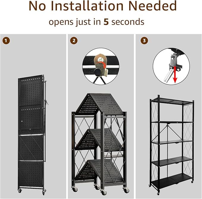 Heavy Duty 5-Tier Foldable Storage Shelf with Locking Wheels, No Assembly Metal Shelving Unit, Space-Saving Organizer for Garage, Kitchen, Basement, Pantry, 28" x 14" x 62", Black (2)