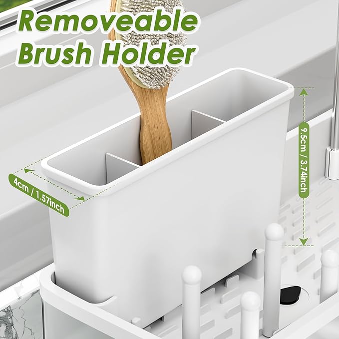 Ewaiira Stainless Steel Sink Caddy, Sponge Holder for Kitchen Sink with Brush Holder & Dishcloth Rack, Rustproof Organizer Countertop, Soap Dispenser Kitchen Organizers Storage Essentials, White