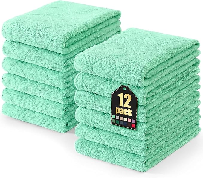 Homaxy 12 Pack Dish Towels for Kitchen (10 x 20 Inches, Green), Super Soft and Absorbent Coral Velvet Dish Cloths for Washing Dishes, Nonstick Oil Fast Drying Microfiber Cleaning Cloth