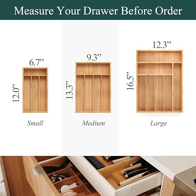 Bamboo Silverware Organizer, Kitchen Drawer Organizer, Utensil Holder, Cutlery Tray & Spoon Flatware Storage with Grooved Drawer Dividers (5 Slots, Natural)