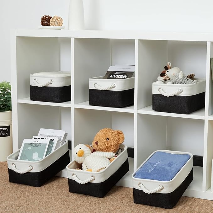 Bidtakay Small Canvas Storage Baskets with Handles Collapsible Rectangular Fabric Baskets for Dog Toys Small Toy Organizer Bins for Shelf Bookcase Linen Rectangle Bins for Nursery Baby Storage