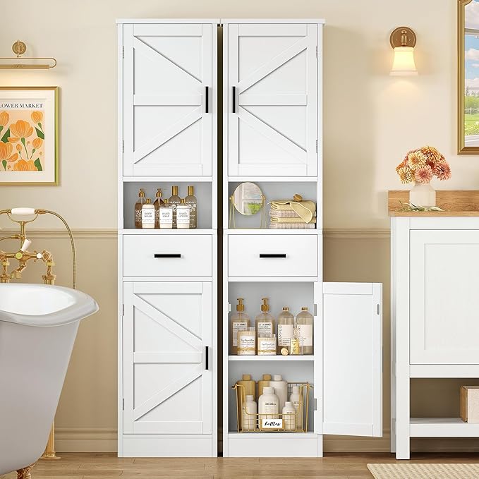 TEENFON 67" H Bathroom Storage Cabinet with Barn Doors & Adjustable Shelves, Bathroom Cabinet with Drawer, Narrow Bathroom Storage Unit, Floor Cabinets for Living Room, Kitchen, White UNSNG091W