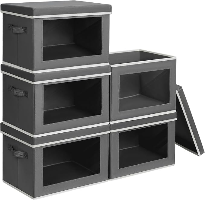 Stackable Storage Bins with Lids - Medium Storage Box with Lids, Foldable Closet Boxes for Organizing, Wardrobe Clothes Organizer with Window, Cubes Bins for Living Room, 5 Pack, Dark Grey
